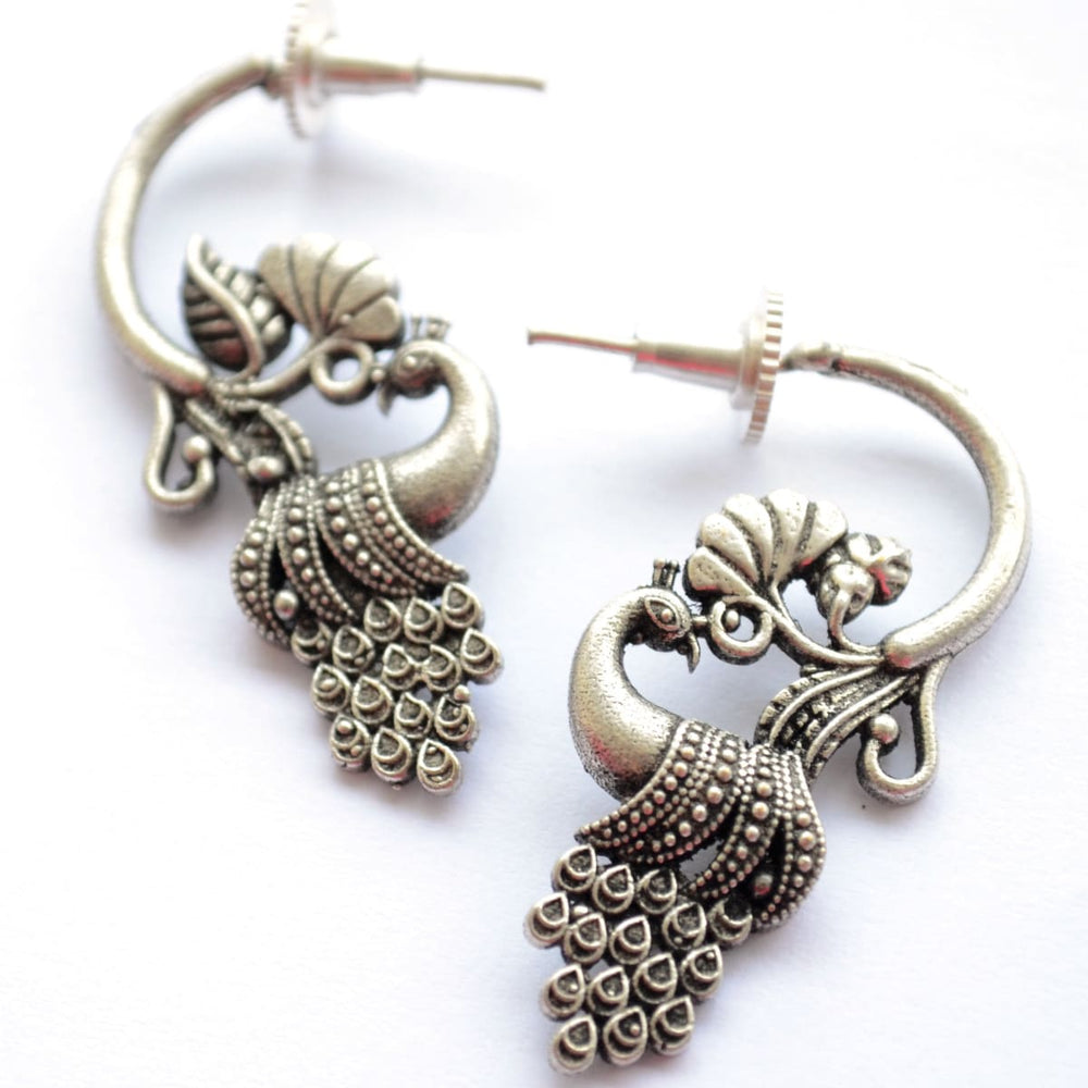 earrings Oxidized Silver Indian Peacock Earrings jaipur jewelry german silver traditional hoop - by Pretty Ponytails