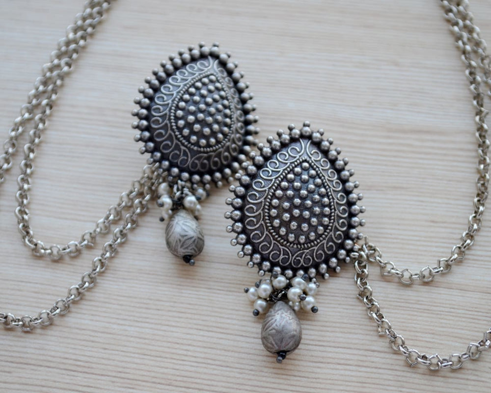 earrings Oxidized Silver Jhumka with Kaan Chain Traditional Indian Sahara Earrings Mandala Chandelier earring chain - by Pretty Ponytails