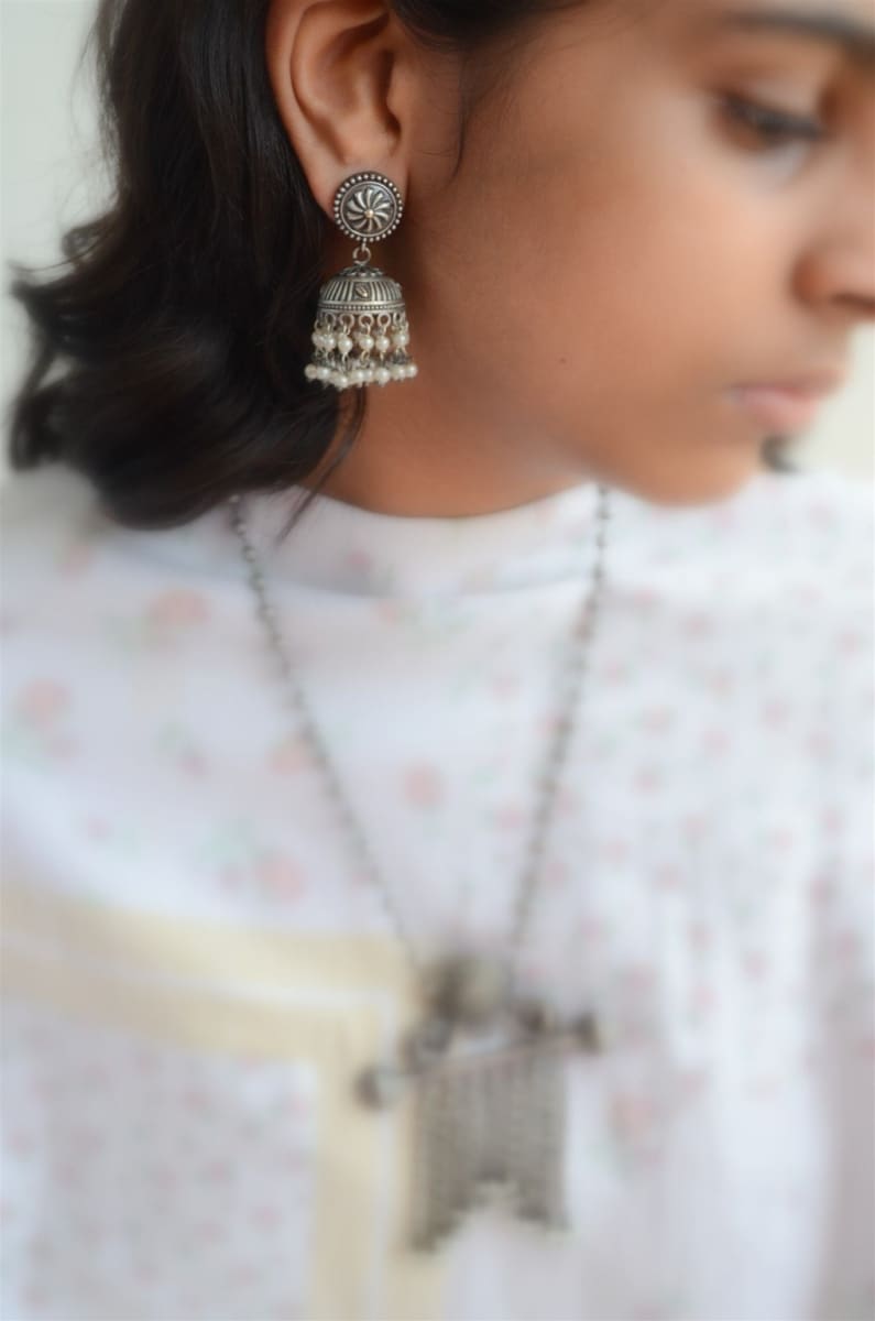 earrings Oxidized Silver Pendant Set With Jhumka Earring Traditional South Indian Jewelry - by Pretty Ponytails