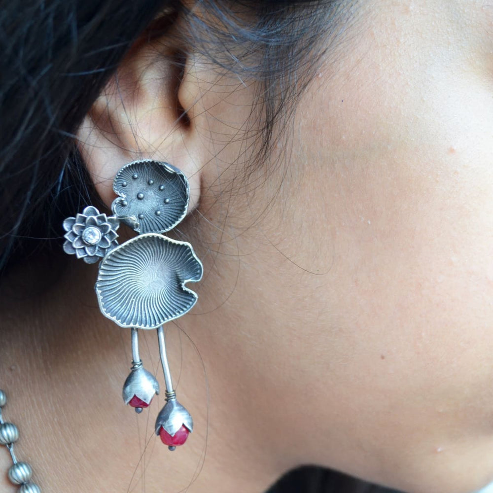 Oxidized Silver Plated Lotus Earrings With Pink Ruby Stones Indian Artisanal jewelry - by Pretty Ponytails