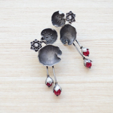 Oxidized Silver Plated Lotus Earrings With Pink Ruby Stones Indian Artisanal jewelry - by Pretty Ponytails