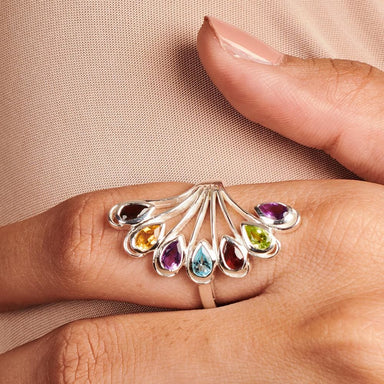 Rings Peacock ring silver multi color genuine gemstones 925 Sterling Christmas gift - by Maya Studio