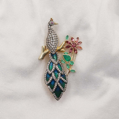 Peacock - Tourmaline Onyx & Zirconia - 925 Sterling Silver Gold Plated Pin Brooch Wedding Jewellery Festive Wear Indian Jewelry - by Vidita 