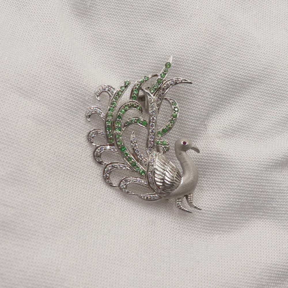 Peacock - Tsavorite & Ruby Zircon - 925 Sterling Silver Saree Pin Brooch Wedding Jewellery Festive Wear Indian Jewelry - by Vidita Jewels