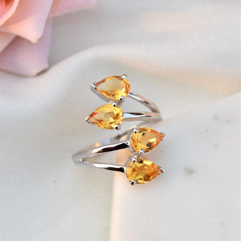 rings Pear Citrine Wrap Sterling Silver Ring,November Birthstone,Dainty Handmade Jewelry For Her - by InishaCreation