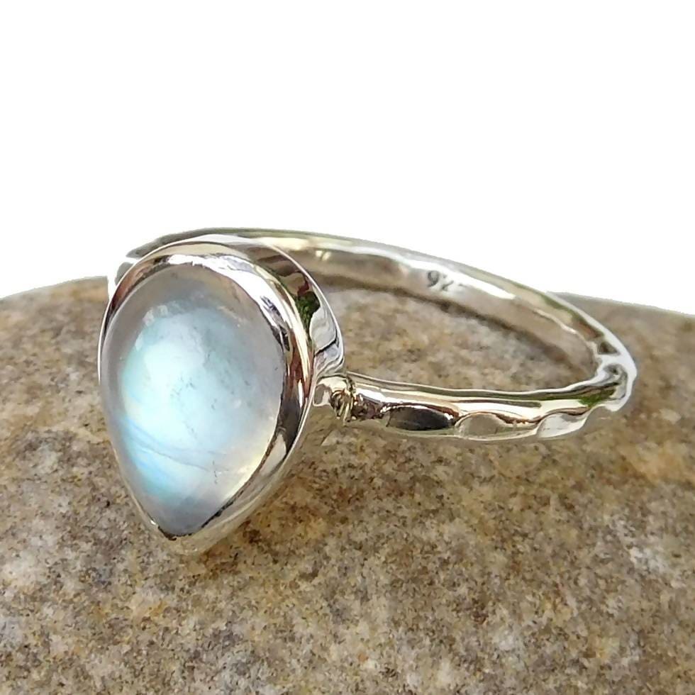 Rings 925 Sterling Silver Natural Blue Fire Rainbow moonstone Ring