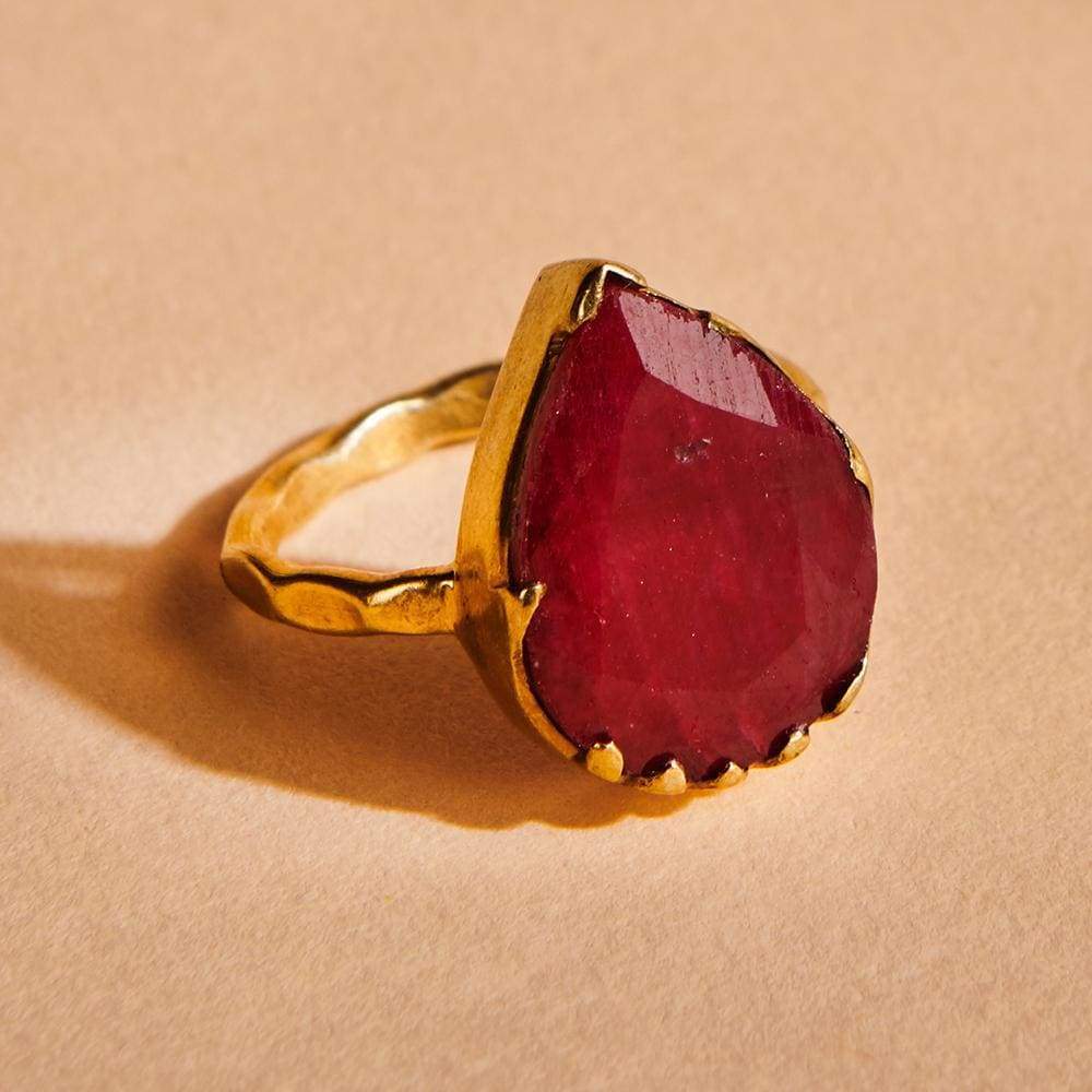 Rings Pear Raw Red Ruby 925 Sterling Silver 18K Yellow Gold Rose Filled Ring Handmade in India Gift Jewelry Gemstone ring - by Subham Jewels