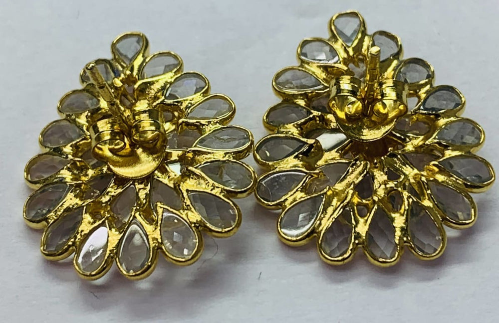 Earrings Pear Shape Crystal Polki Stud Sterling Silver Gold Plated - by TJ GEMS