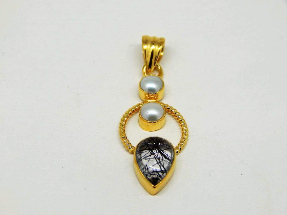 Necklaces Pearl Black Rutile Sterling Silver Gold Plated Pendant