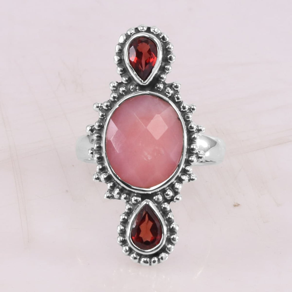 Pink Opal Garnet 925 Sterling Silver Ring Faceted Gemstone Three Stone Boho Birthtsone - by Rajtarang