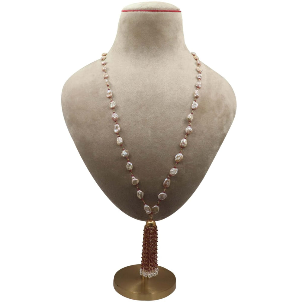 Pink Tourmaline and Pearl Long Necklace Set Stone Stone Beads in Silver Chandelier with Earrings - by Vidita Jewels