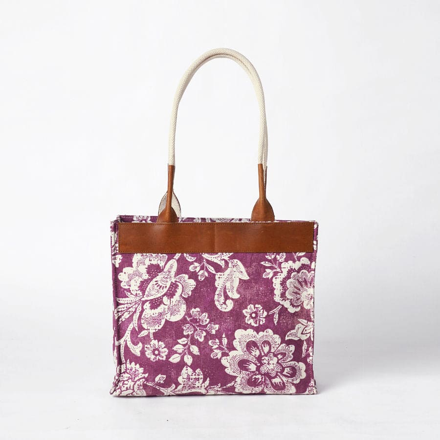 Plum Dominoterie Print Cotton Duck And Leather Tote Bag Large Shoulder Bag. - By Vliving