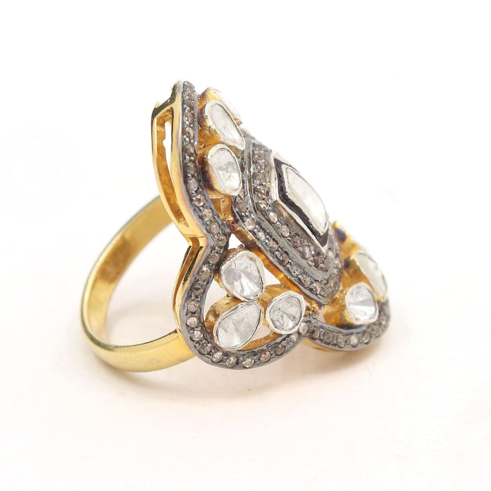 Polki Diamond Rose cut Diamonds Gold Plated 925 sterling silver Ring Sz 7 victorian style jewelry - by Vidita Jewels
