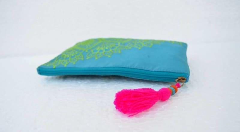 Turquoise Polytafetta Hand Embroidered 5 x 13 Utility Pouch - Bags