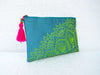 Turquoise Polytafetta Hand Embroidered 5 x 13 Utility Pouch - Bags
