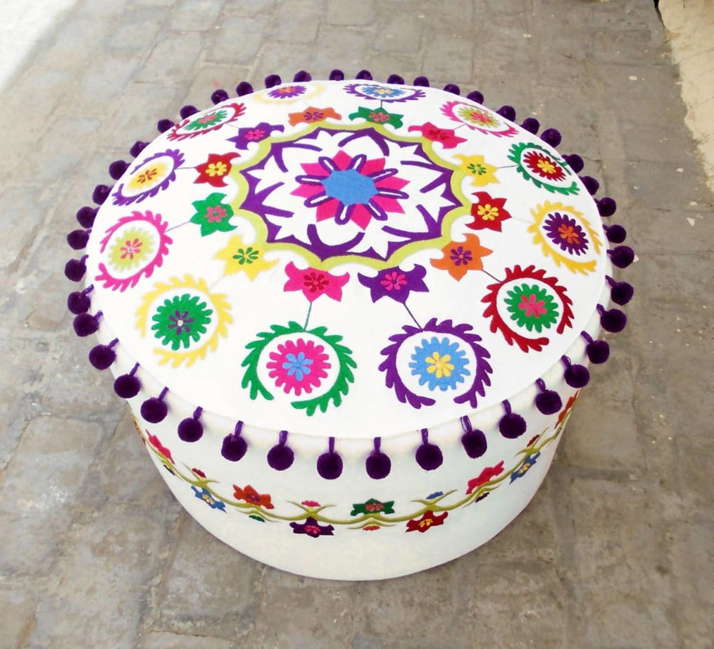 Pouf Cover White Base Multicolor Embroidery Suzani Pattern Folk Pouf Bohemian Ottoman With Pompoms 22x12 Inches - By Vliving