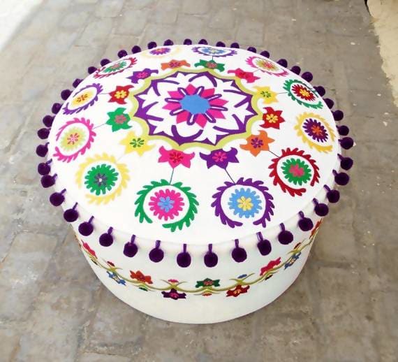 Pouf Cover White Base Multicolor Embroidery Suzani Pattern Folk Pouf Bohemian Ottoman With Pompoms 22x12 Inches - By Vliving