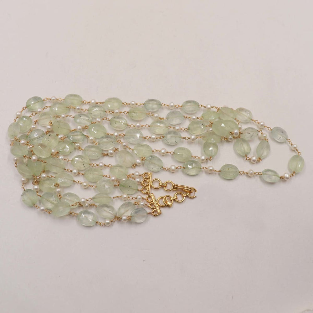 Prehnite and Pearl Necklace Stone Beaded in Silver 3 Line Necklace Mala Handmade Boho Jewelry - by Vidita Jewels