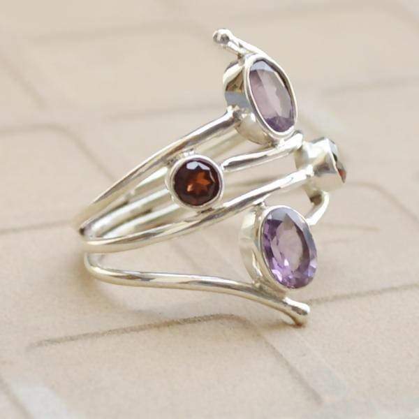 Rings Purple Amethyst Garnet Multi Gemstone Ring Red Handmade Solid 925 Sterling Silver Unique Birthstone Gift Jewelry