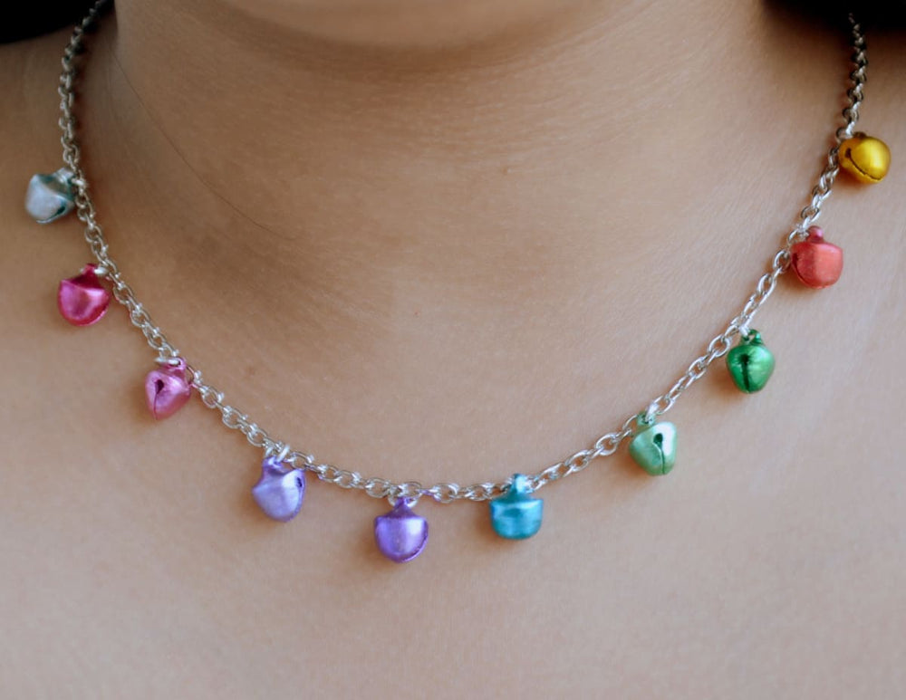 Necklace Rainbow Matte Ghungroo Silver and Multicolor - by Pretty Ponytails