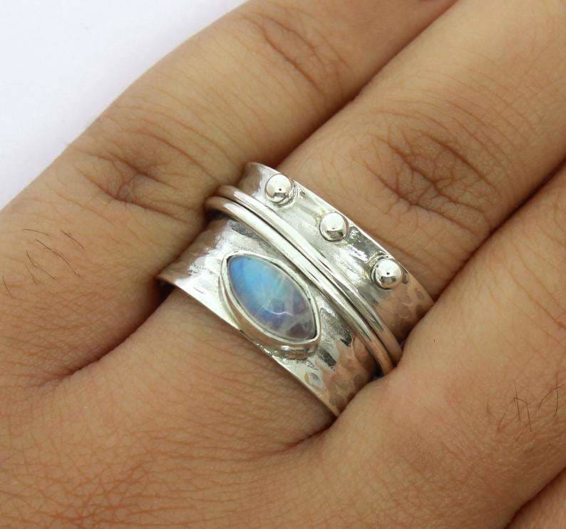 rings Rainbow moon Gemstone Ring 925 Sterling Silver Spinner Meditation Handmade Anxiety Boho Anniversary Perfect Gift For Her - by 