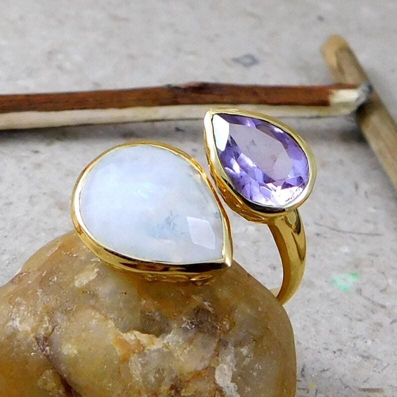 rings Rainbow Moonstone amethyst ring 925 silver gemstone Nickel Free - by Maya Studio