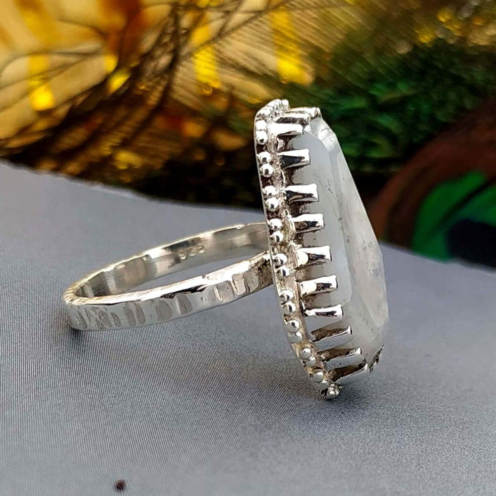 Rainbow Moonstone Coffin Ring 925 Silver Boho Dainty Women Handmade Promise Gift For Her - by GIRIVAR CREATIONS