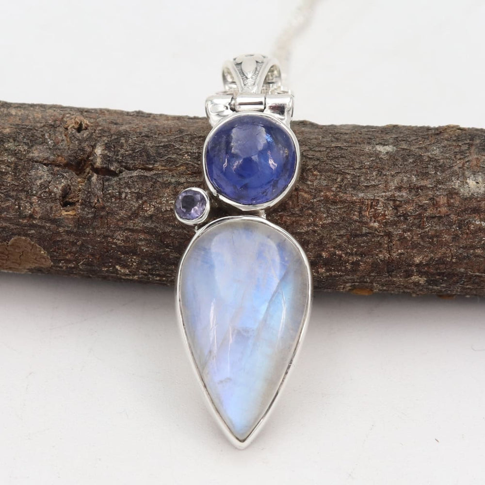 Rainbow Moonstone Necklace 925 Sterling Silver Necklaces Tanzanite Pendant Blue Gem For Women Statement Handmade - By Rajtarang