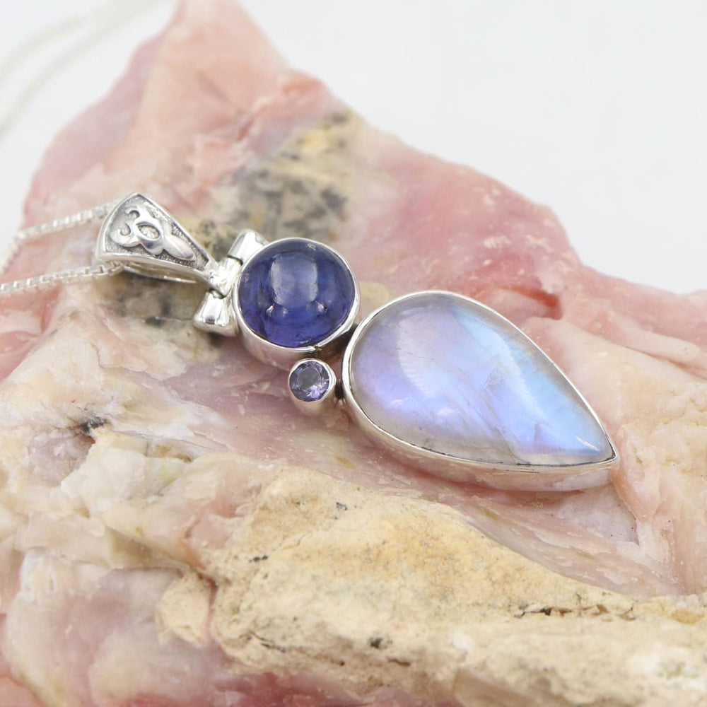 Rainbow Moonstone Necklace 925 Sterling Silver Necklaces Tanzanite Pendant Blue Gem For Women Statement Handmade - By Rajtarang
