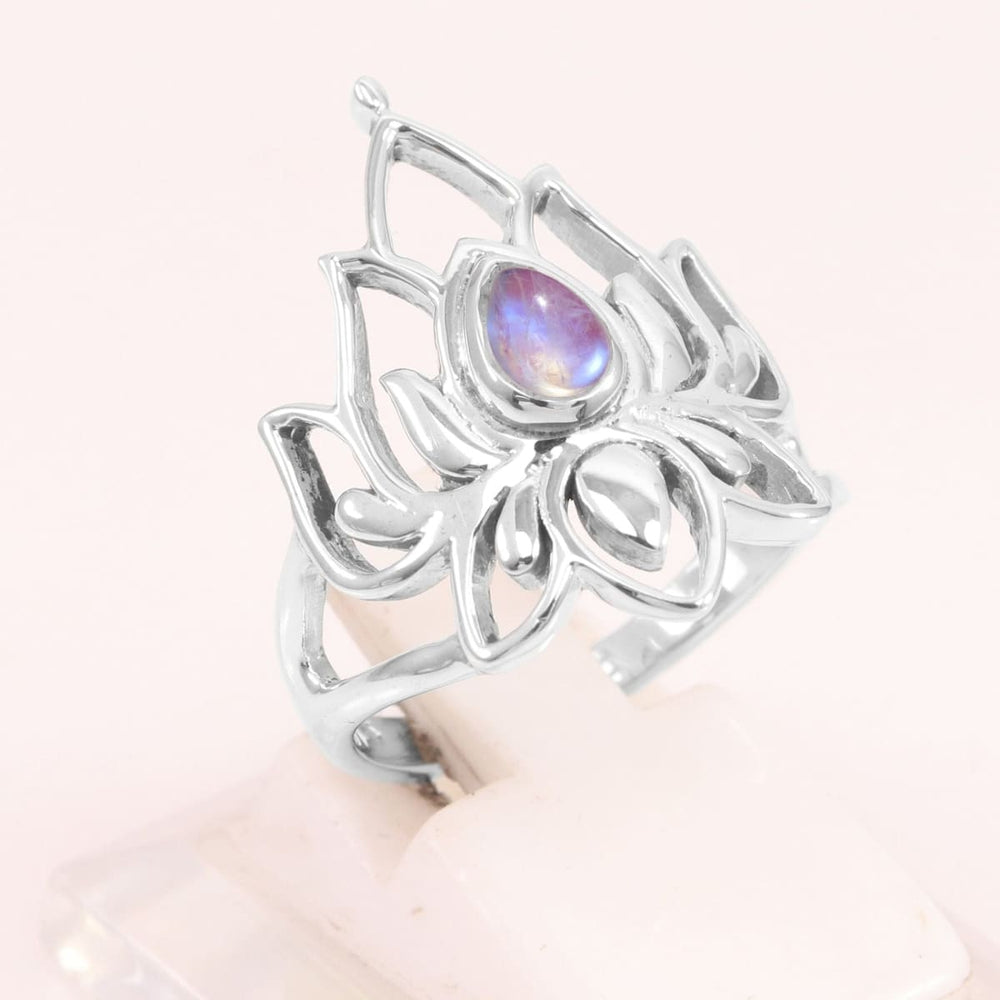Rainbow Moonstone Ring Solitaire Flower Pear Shape Statement Wedding Gift for Womens - by Rajtarang