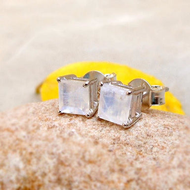 Earrings Rainbow Moonstone Square Studs Sterling Silver Earring square gemstone prong studs