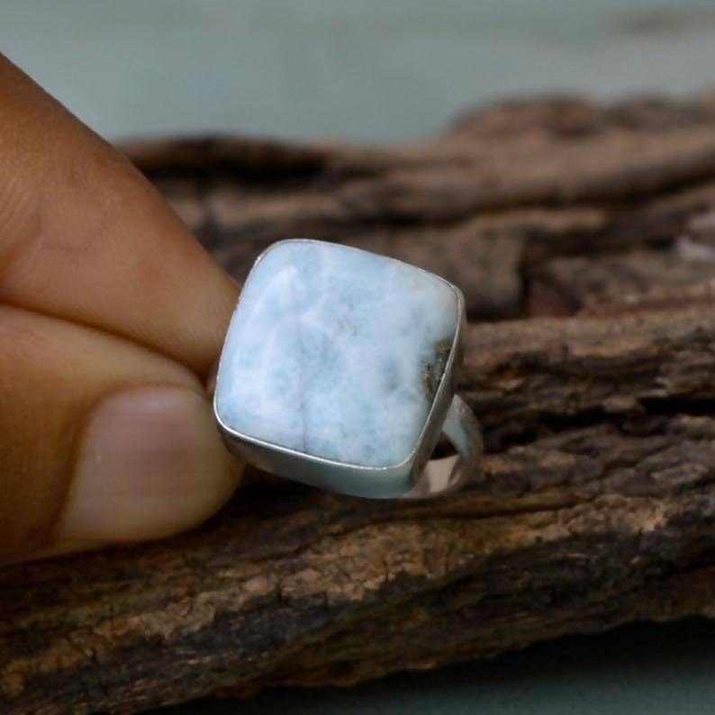 Rare Dominican Larimar Gemstone Ring Bezel Set Statement 925 Sterling Silver,cushion Pectolite Jewelry Nickel Free - By Nativefinejewelry