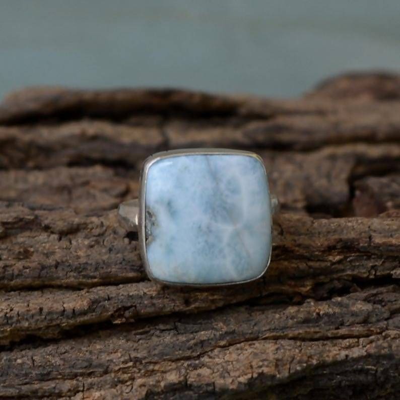 Rare Dominican Larimar Gemstone Ring Bezel Set Statement 925 Sterling Silver,cushion Pectolite Jewelry Nickel Free - By Nativefinejewelry