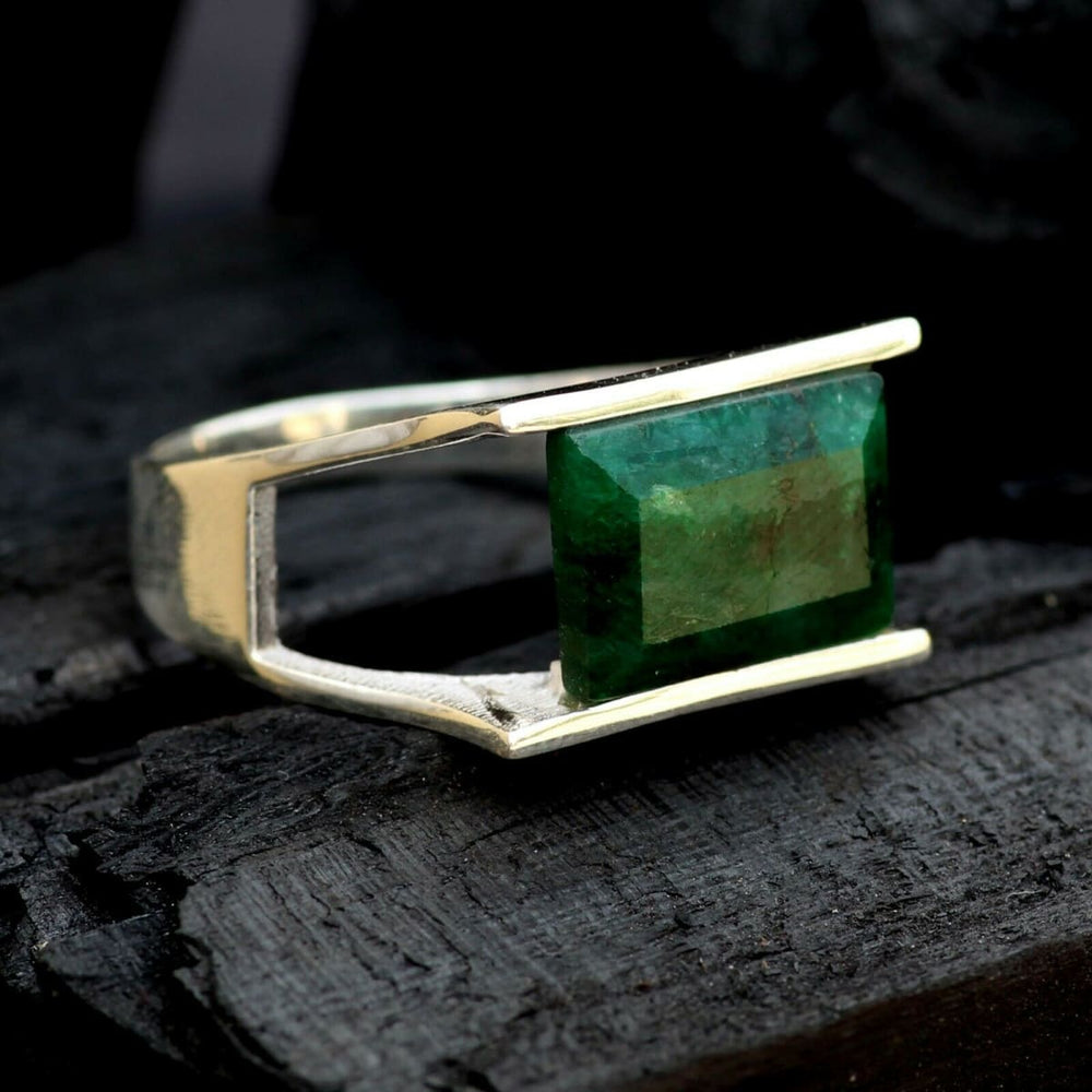 rings Raw Emerald Cushion Cut Gemstone 925 Solid Sterling Silver Ring,Green Stone,Gift for Her - by InishaCreation