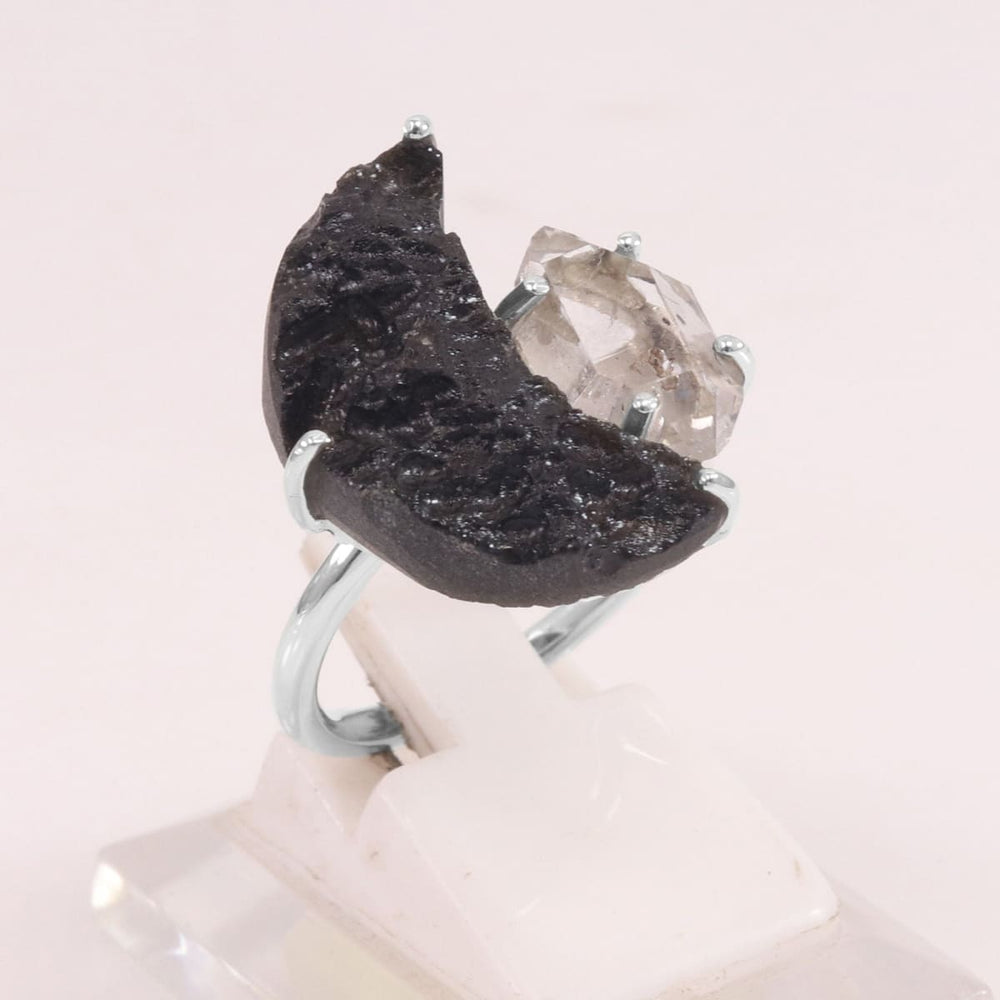 rings Raw Half Moon Tektite Ring Herkimer Diamond 925 Sterling Silver Gemstone Rough Birthstone - by Rajtarang