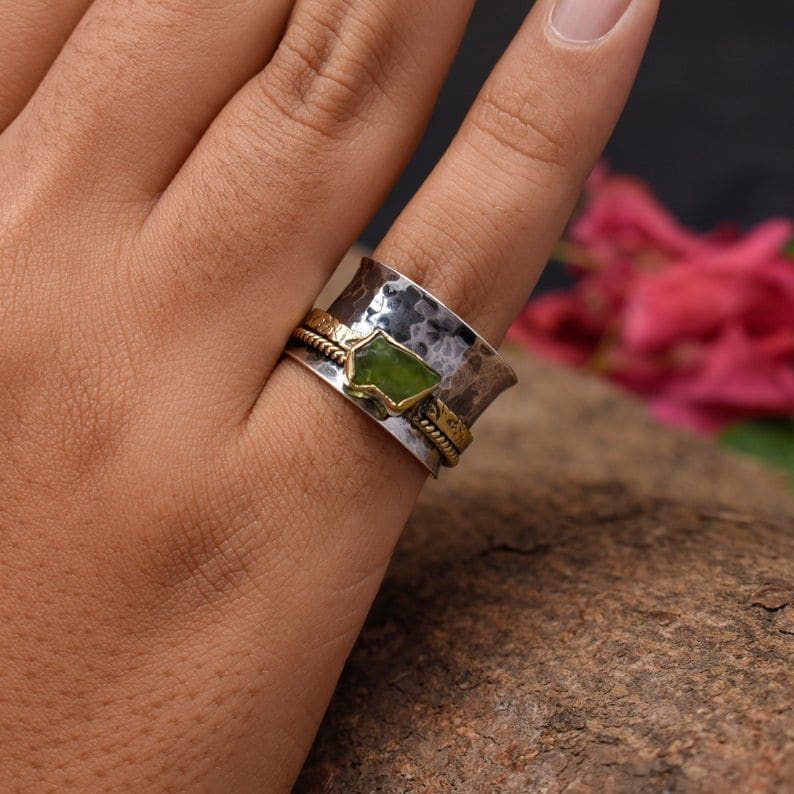 Raw Peridot Spinner Anxiety 925 Sterling Silver Ring,handmade Jewelry Gift for her - by Inishacreation