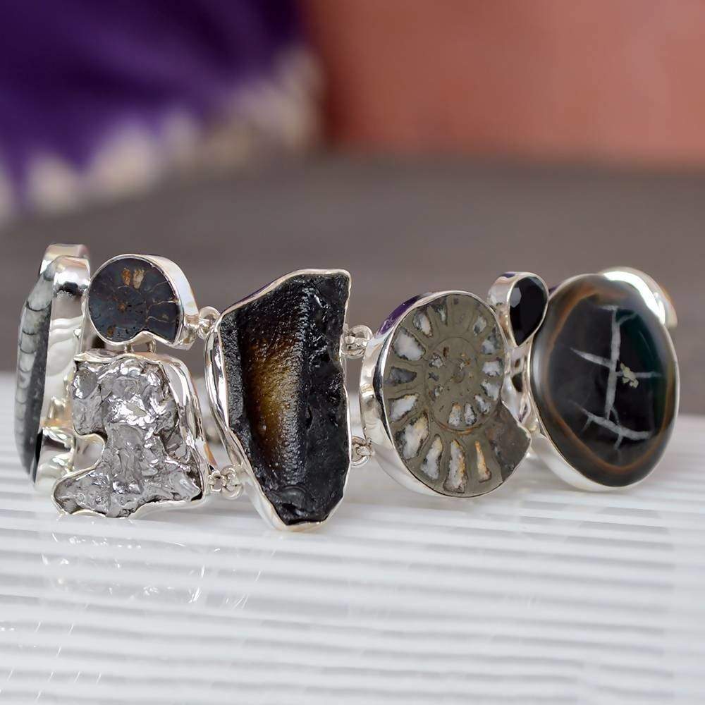 Bracelets Raw Stone Bracelet Natural Fossil Ammonite Meteorite Orthoceras Septarian and Tektite Handmade 925 Silver Fossile Jewelry