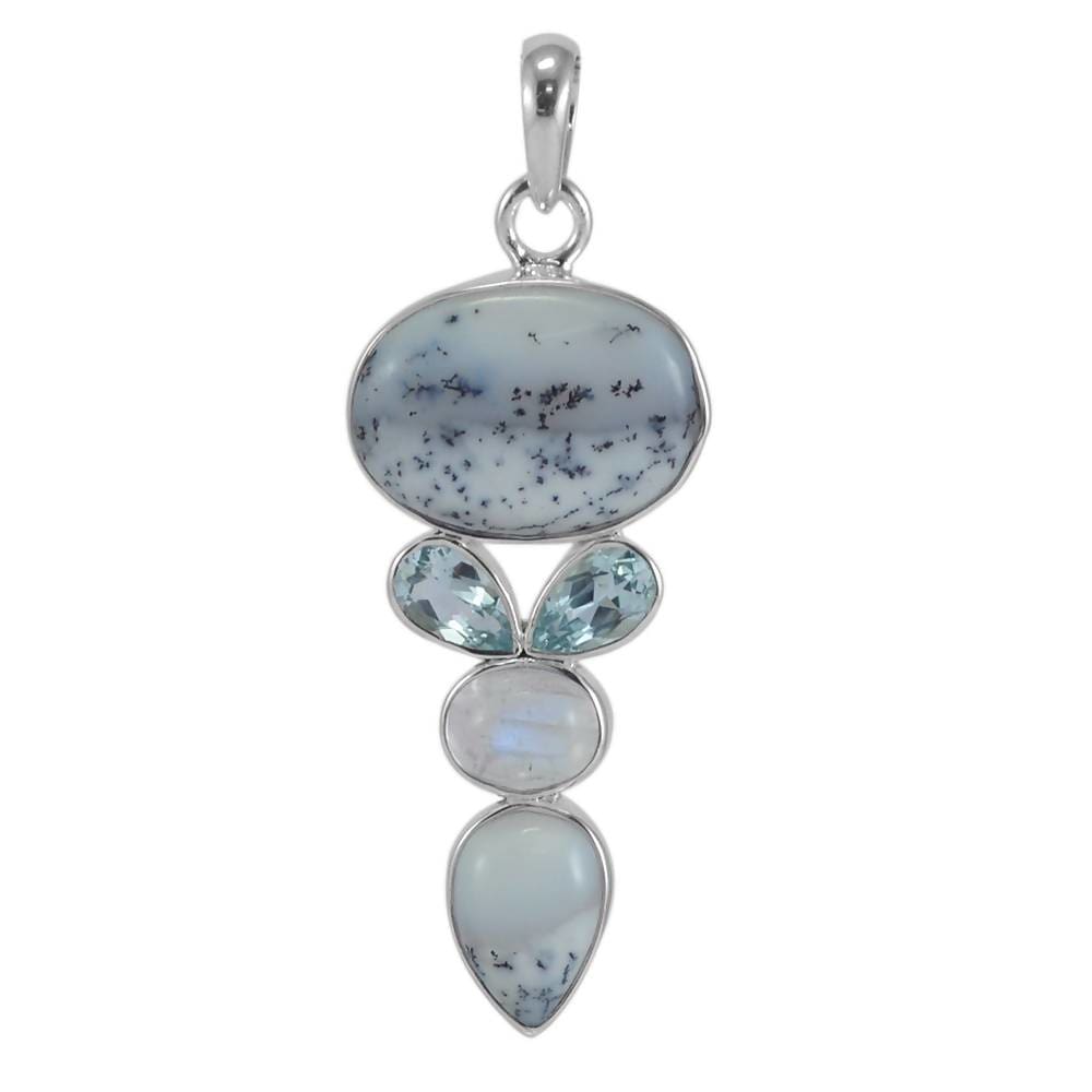 Necklaces Best Price! Real Dendritic Opal Rainbow Moonstone And Sky Blue Topaz Gemstone Sterling Silver Pendant.