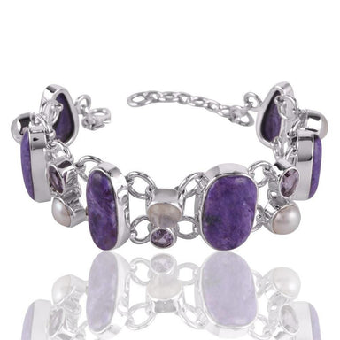Bracelets Real Purple Amethyst Charoite Pearl And Rainbow Moonstone Handmade Sterling Silver Bracelet - by Rajtarang