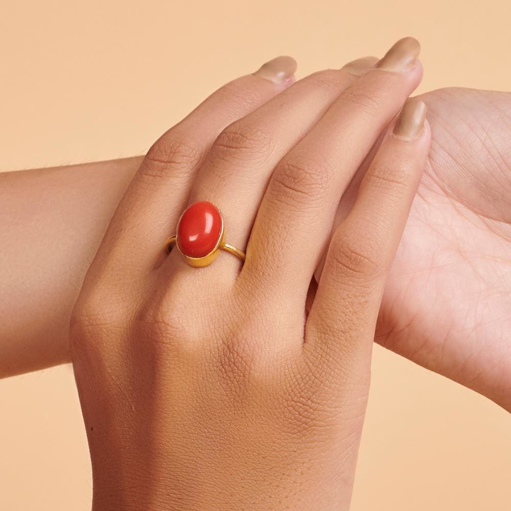 Rings Red Coral 925 Sterling Silver 18K Yellow Gold Rose Filled Ring Handmade in India Gift Jewelry Gemstone - by Subham Jewels