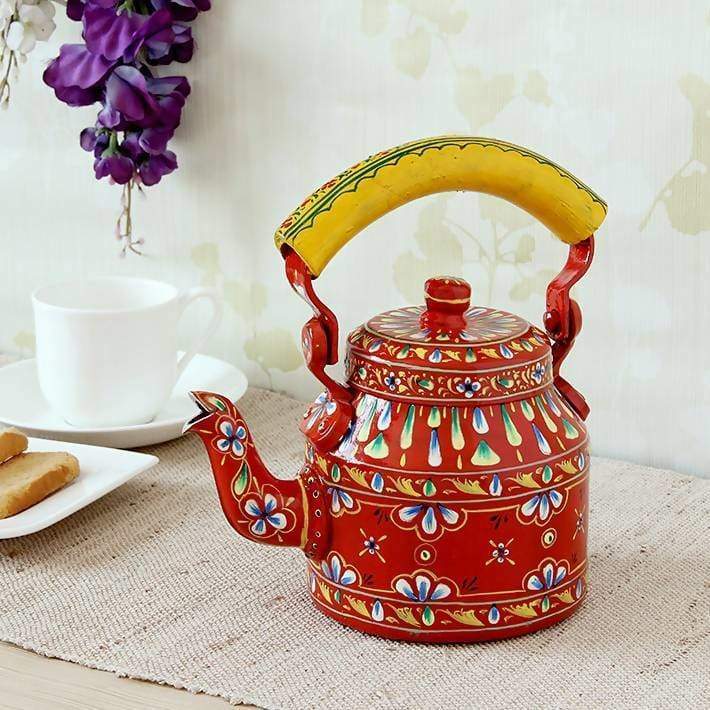 Painted Teapots Red Floral Design Hand Tea Pot in Aluminium
