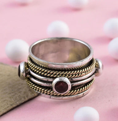 Red Garnet Spinner Ring-small Stone Ring-semi Precious with Brass Tone Ring-925 Sterling Silver Ring-boho Ring - by Inishacreation