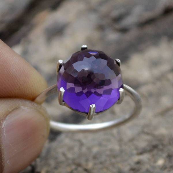 rings Rose Cut Amethyst Round Purple Ring 925 Sterling Silver Jewelry Nickel Free Handmade - by NativeFineJewelry