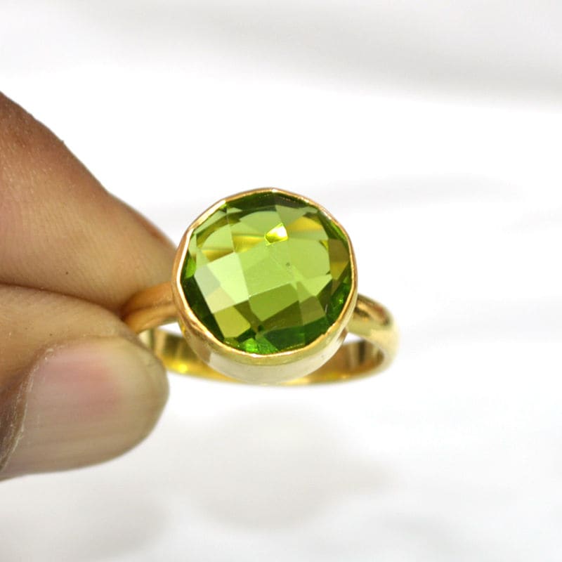 Rose Cut Round Green Peridot Gemstone 925 Sterling Silver Ring,yellow Gold Plated,handmade Jewelry - by Nativefinejewelry
