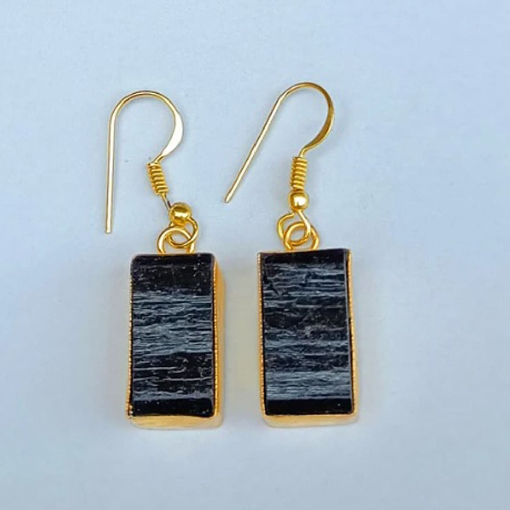 Rough Black Tourmaline Bezel Set Gemstone Drop Earrings For Women - By Krti Handicrafts
