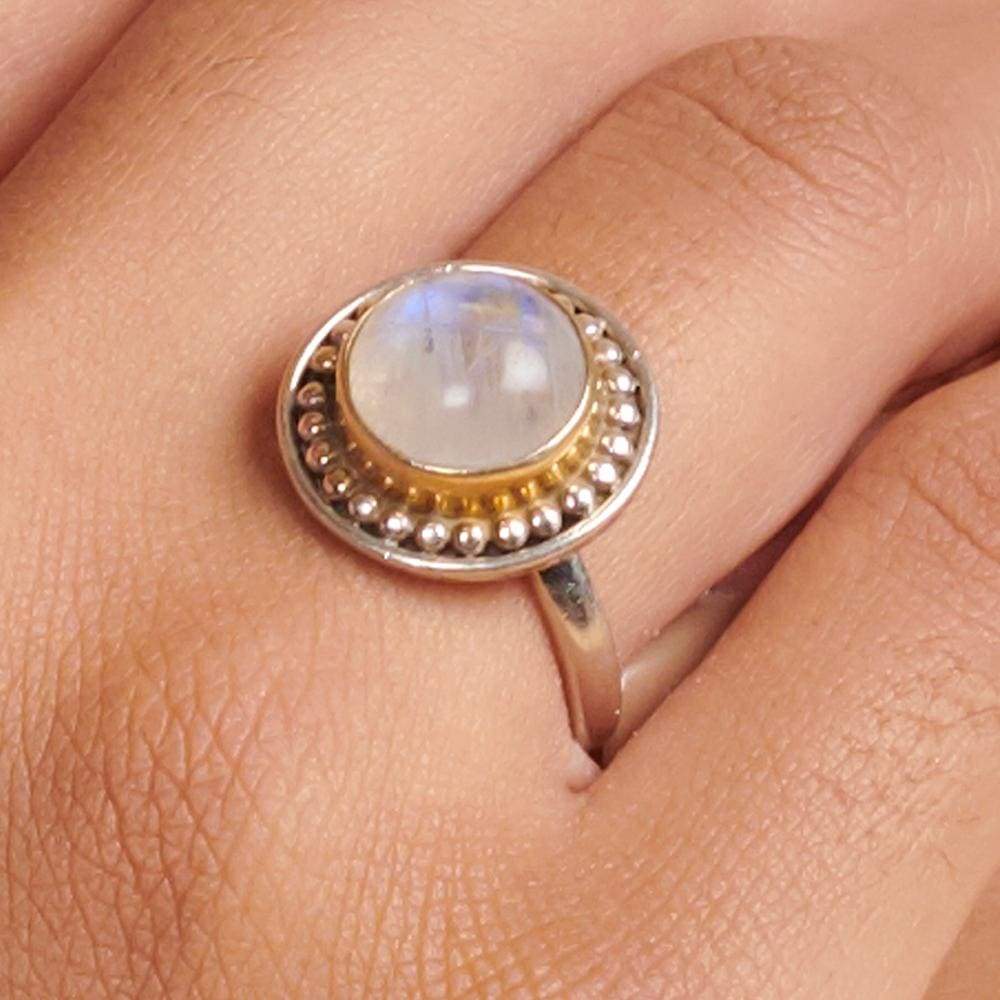 Rings Round Blue Fire Rainbow Moonstone 925 Sterling Silver Yellow Gold Two-tone Ring Handmade in India Gift Jewelry Gemstone - by Subham 