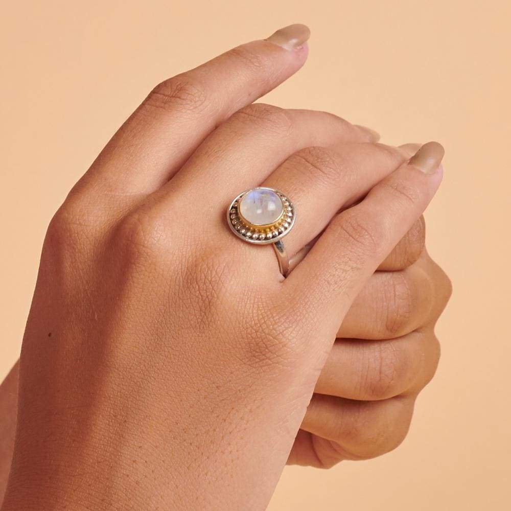 Rings Round Blue Fire Rainbow Moonstone 925 Sterling Silver Yellow Gold Two-tone Ring Handmade in India Gift Jewelry Gemstone - by Subham 
