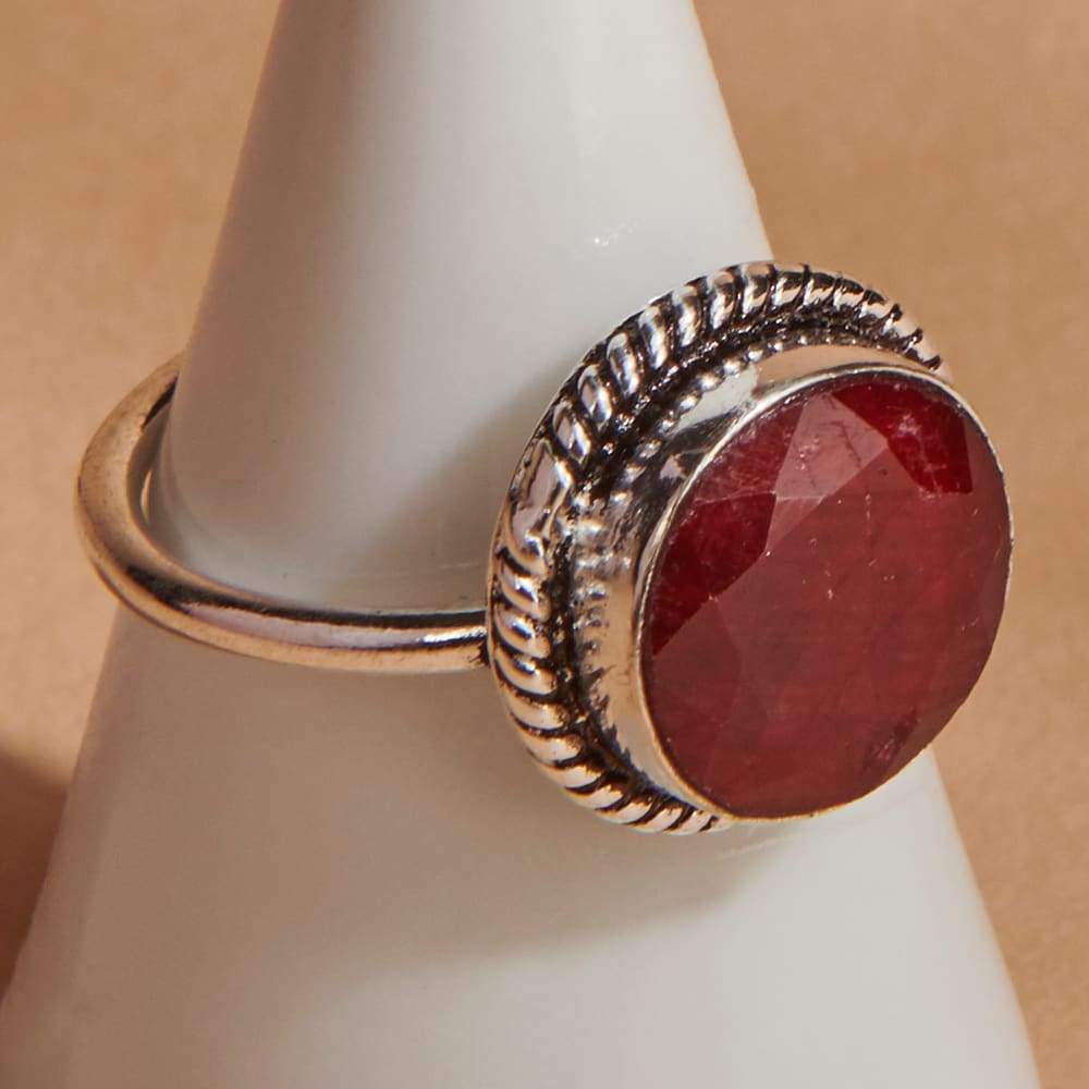 native Round Cab Faceted Red Ruby Gemstone 925 Sterling Silver Ring Fashion Handmade Jewelry Gift - by NativeFineJewelry
