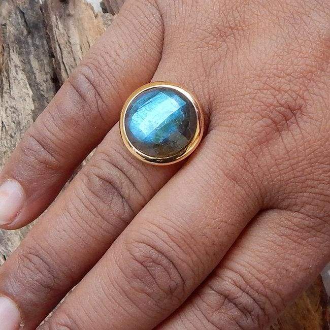 Round Faceted Blue Labradorite Sterling Silver Ring 22K Yellow Gold Filled Rose Jewelry