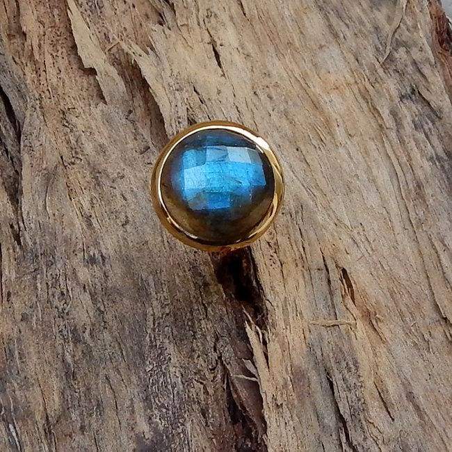 Round Faceted Blue Labradorite Sterling Silver Ring 22K Yellow Gold Filled Rose Jewelry